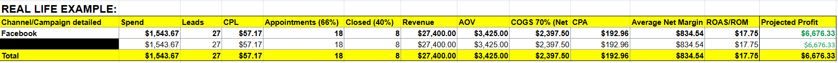Facebook ad profit report showing $27,400 revenue and $6,676 projected profit from a $1,543.67 spend