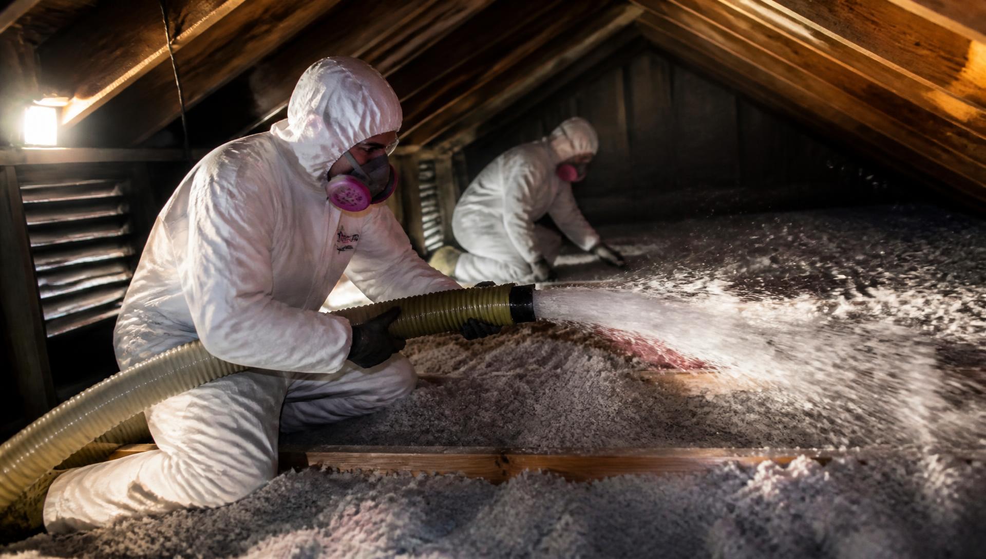 Insulation crew blowing loose-fill insulation into a residential attic
