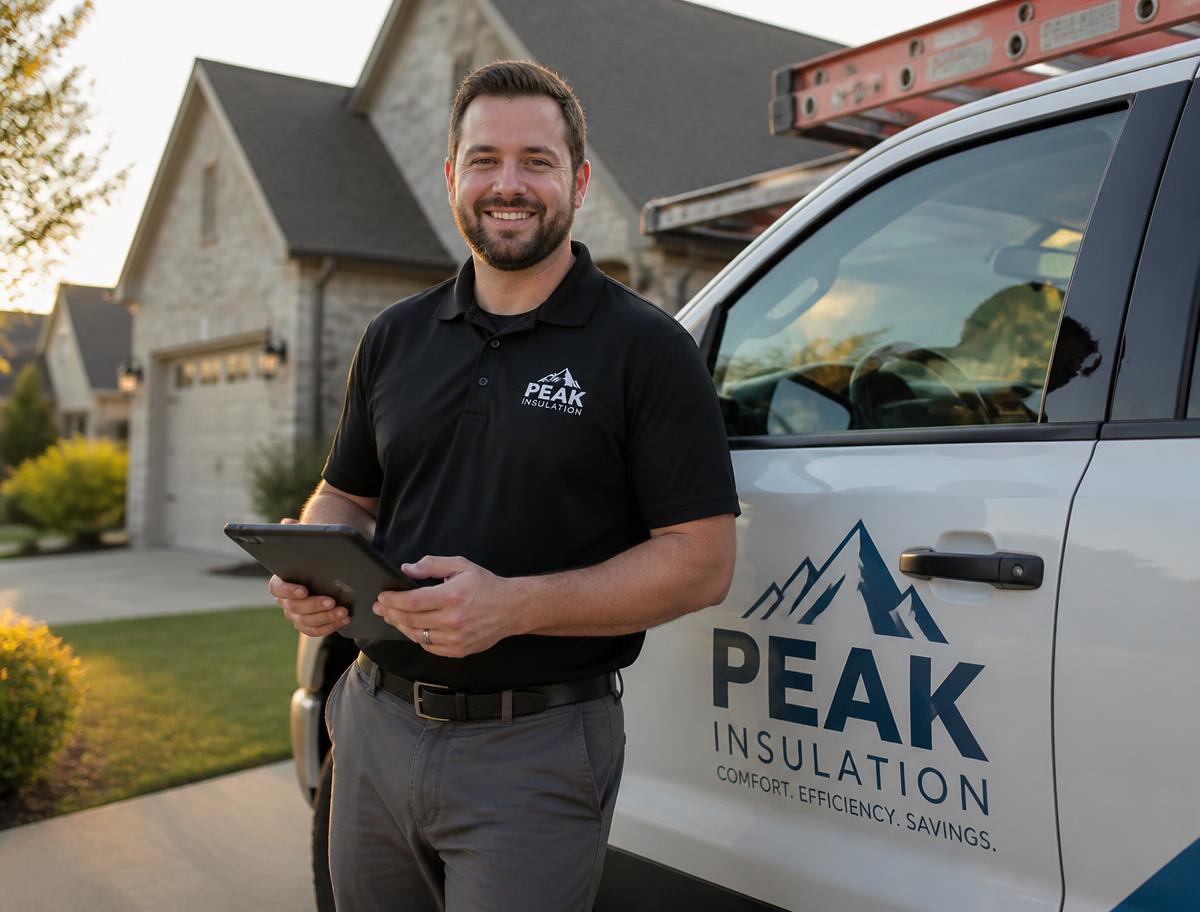 Insulation company owner standing beside his branded work truck